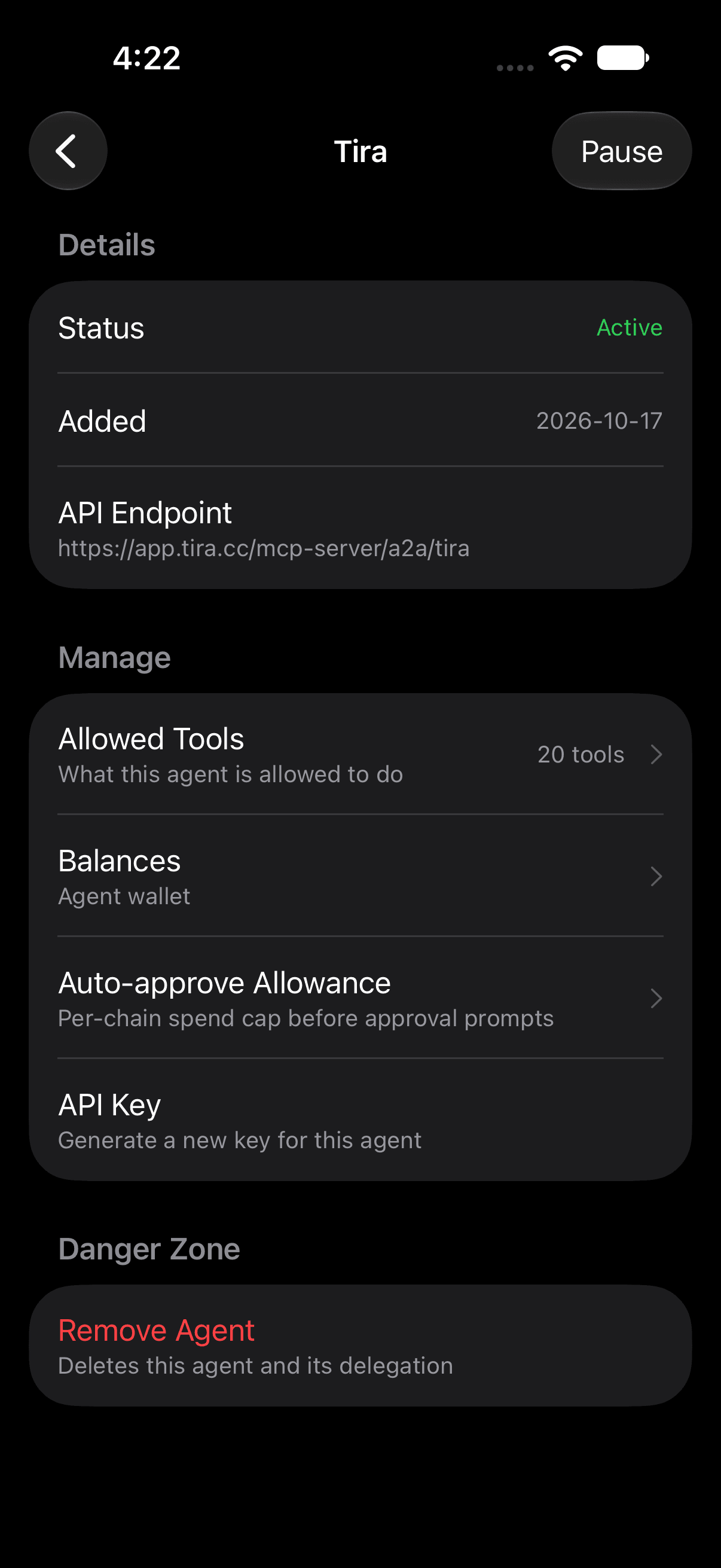 Tira agent settings and allowed tools on iOS