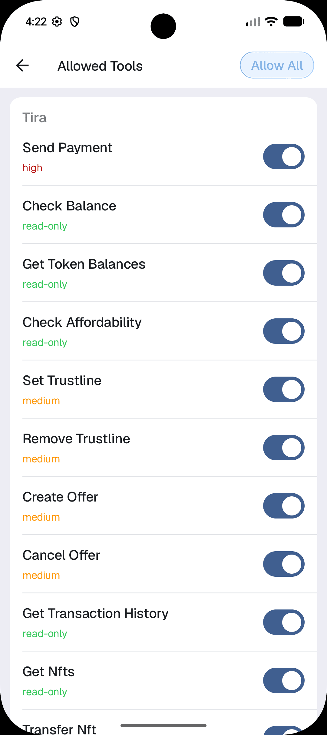 Tira agent settings and allowed tools on Android
