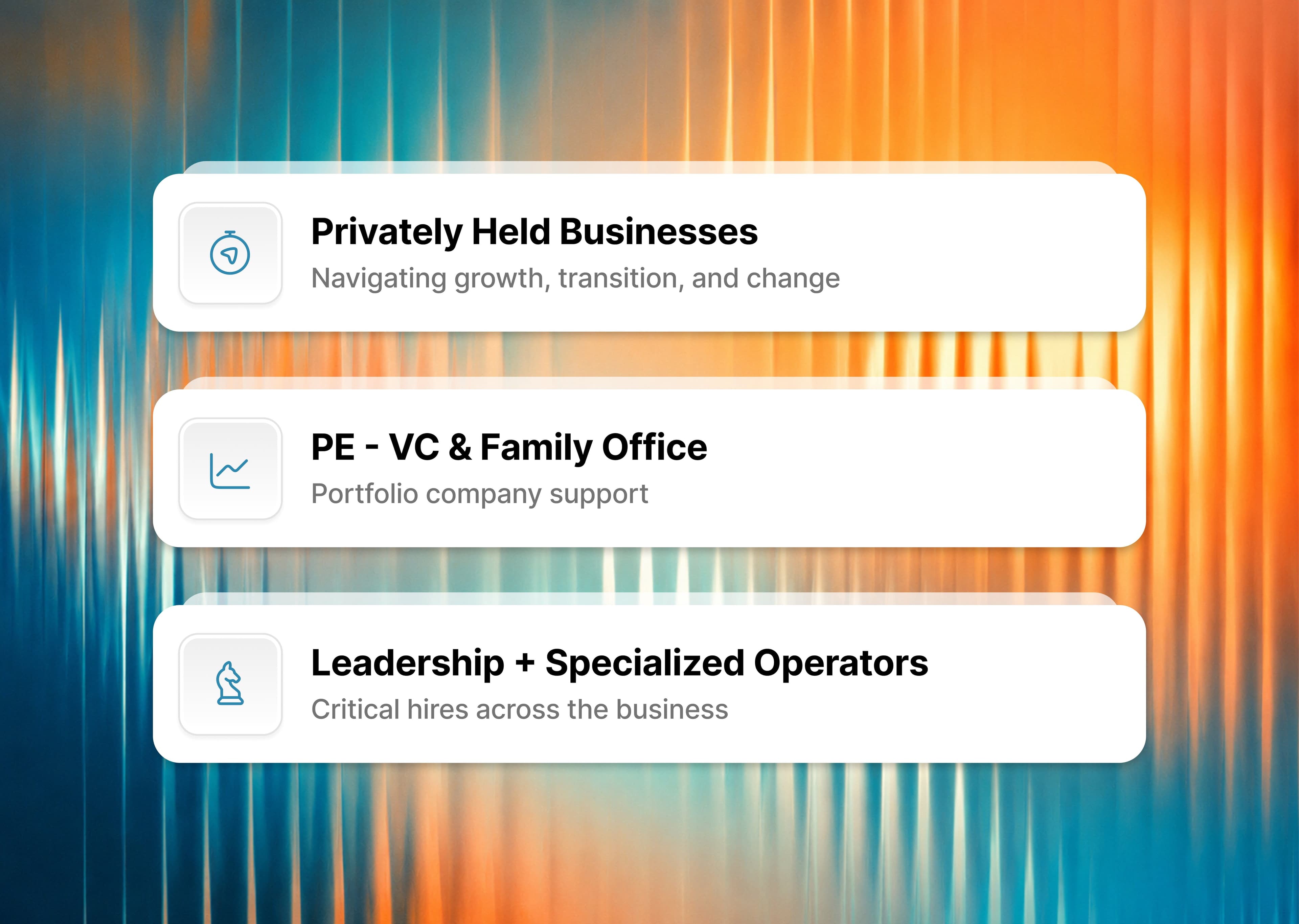 Client segment cards floating over a blurred orange and teal gradient